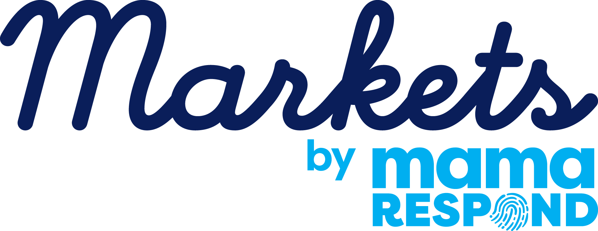 Logo for 'Market by Mama Respond' featuring stylized text in dark blue and light blue, with a fingerprint icon in the word 'Respond'