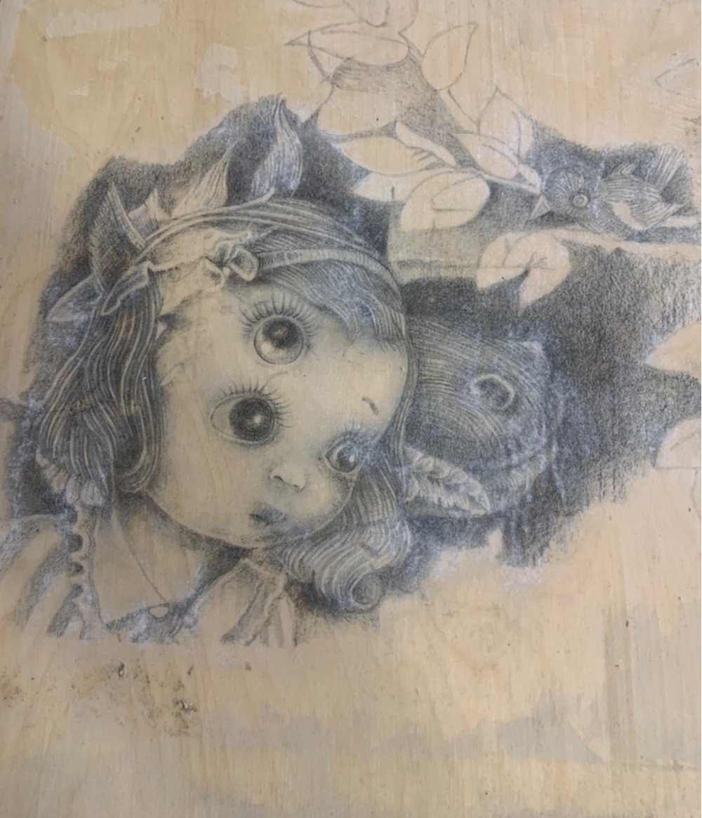 horse/girl 2020 pencil on ply 24 x 12 ins