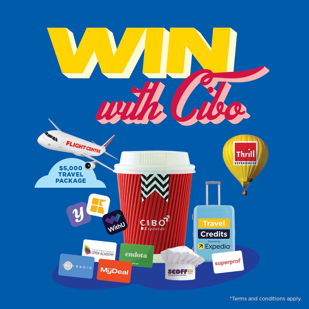 Buy any beverage from @ciboespresso, receive a promotional card and WIN! Every entrant is a winner! Every entrant goes into the draw for our major prize 😎 What will you win with cibo?

Must retain the promotional card to claim prize. AU residents 14