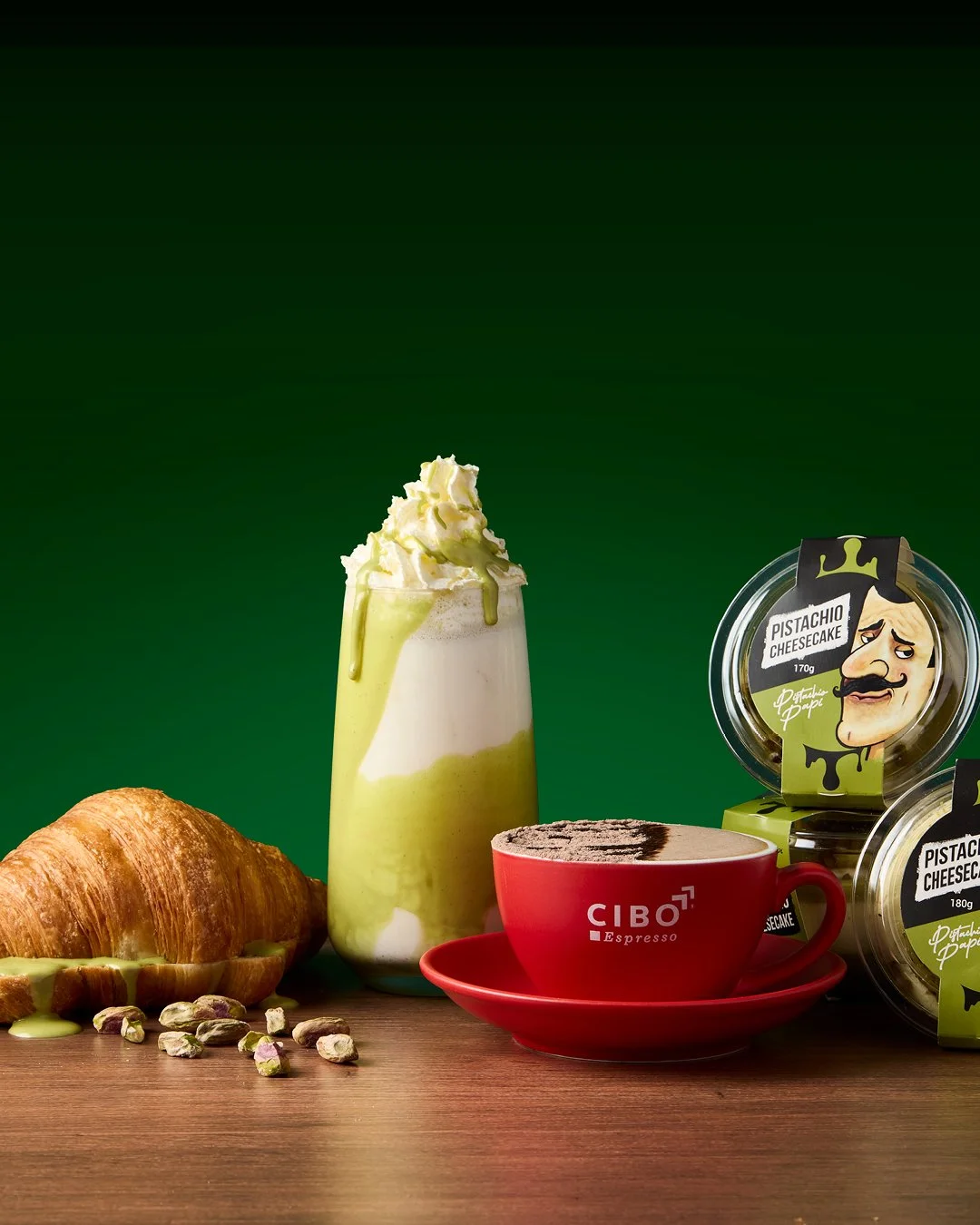 The wait is OVER!
@pistachiopapiofficial has landed at Cibo! 
Head to Cibo Brickworks to try the Papi collabs today.

✨ Papi Hot Chocolate
✨ Papi Shake
✨ Papi Croissant
✨ Papi Cheesecake

Sip it. Stache it. Snap it. Available for a limited time only.