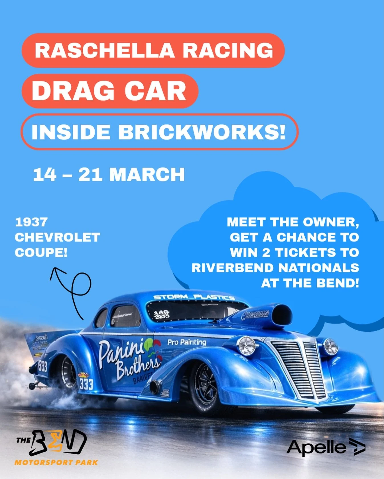 🏁 A REAL DRAG CAR INSIDE BRICKWORKS!

From 14&ndash;21 March, come and see the incredible 1937 Chevrolet Coupe drag car from Raschella Racing on display at Brickworks Marketplace!

We&rsquo;ve partnered with @thebendmotorsportpark and @apelleapparel