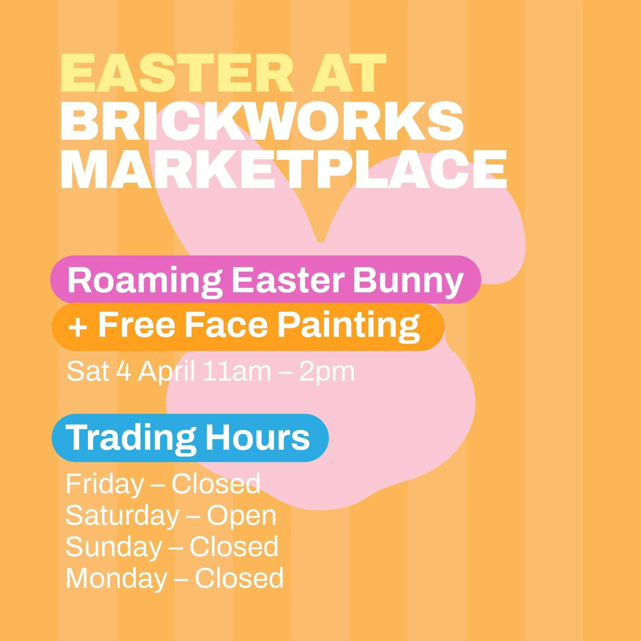 Easter is hopping into Brickworks Marketplace this Saturday! Join us from 11am&ndash;2pm for a roaming Easter Bunny handing out eggs + FREE face painting for the kids. The perfect long weekend activity! 🎨🥚

Please note our Easter trading hours:
🔴 