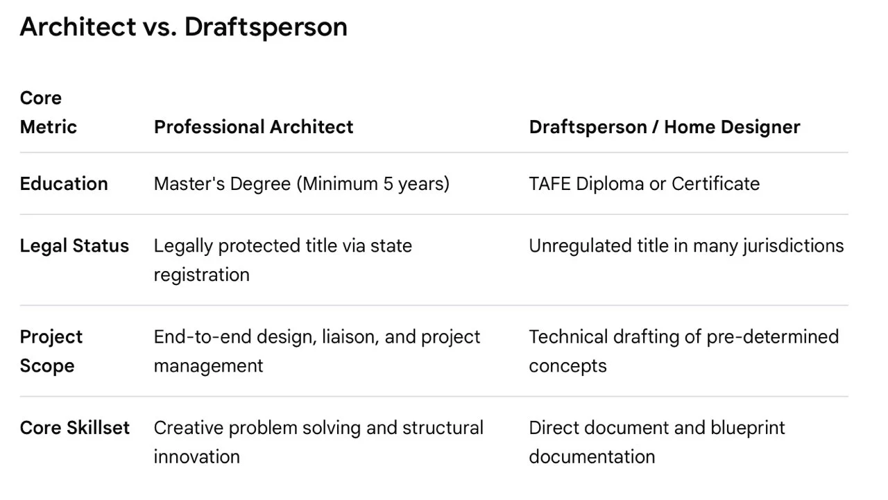Comparison chart between architect and draftsperson roles. Columns highlight education, legal status, project scope, and core skillset for each profession.