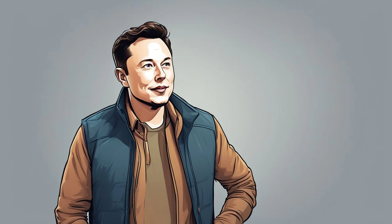 Elon Musk in casual attire, standing with a confident posture and a relaxed expression