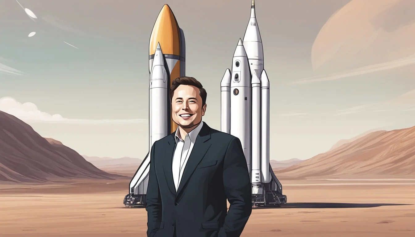 Elon Musk stands next to a sleek rocket, a confident smile on his face