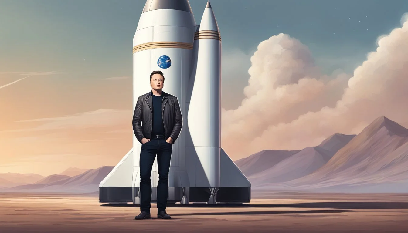 Elon Musk stands proudly next to a sleek rocket, his confident gaze fixed on the horizon