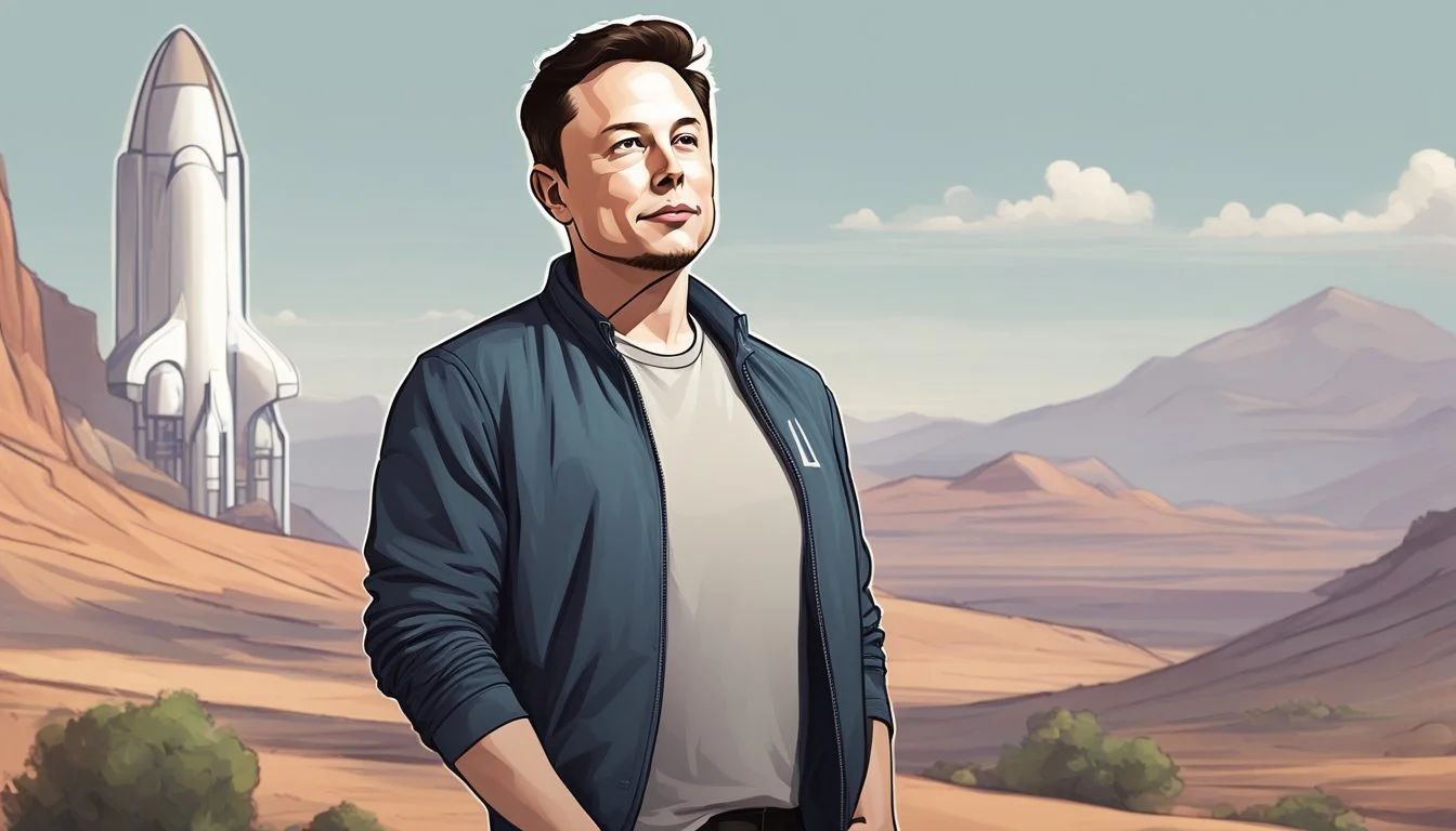 Elon Musk in casual attire, standing with a relaxed posture and a neutral expression