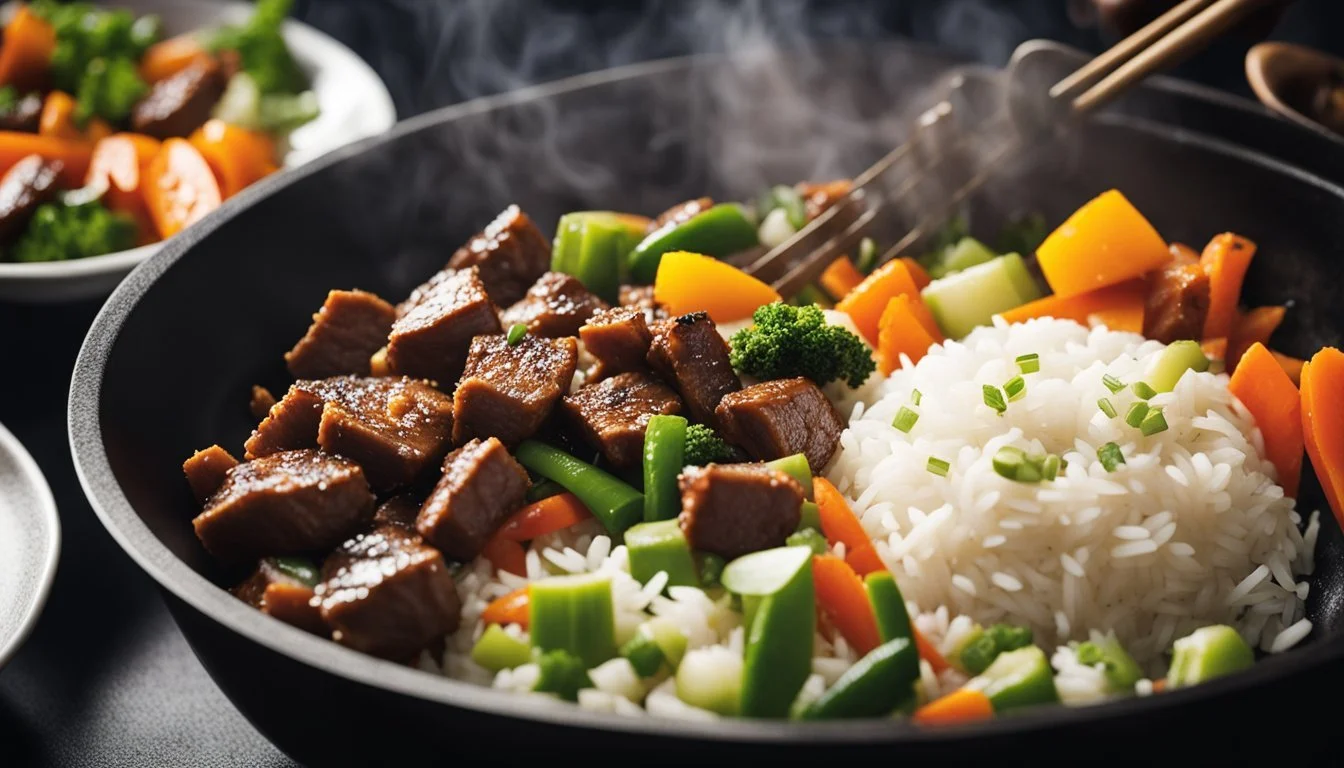 A sizzling wok cooks up a savory mix of diced brisket, fluffy white rice, and colorful vegetables, filling the air with mouthwatering aromas