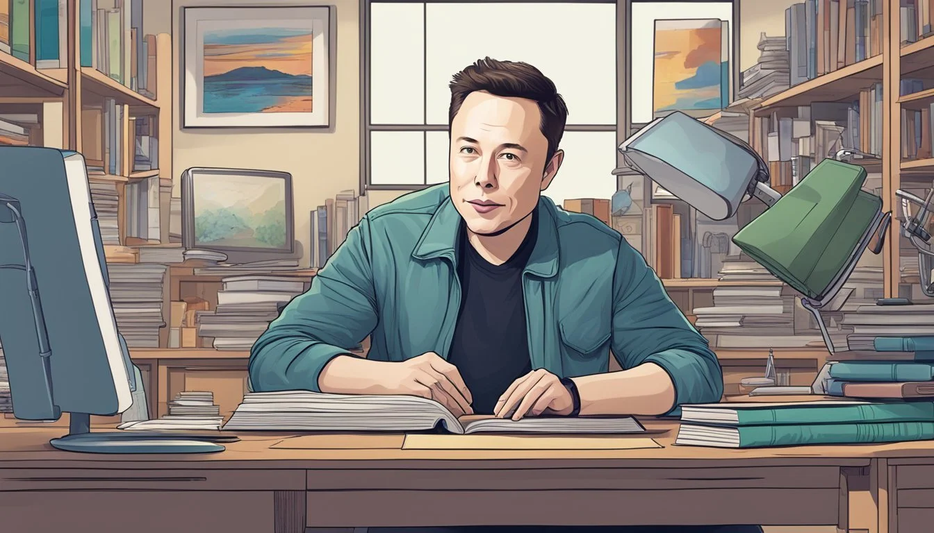 Elon Musk sits at a desk, wearing casual clothes and a relaxed expression. He is surrounded by technology and engineering books
