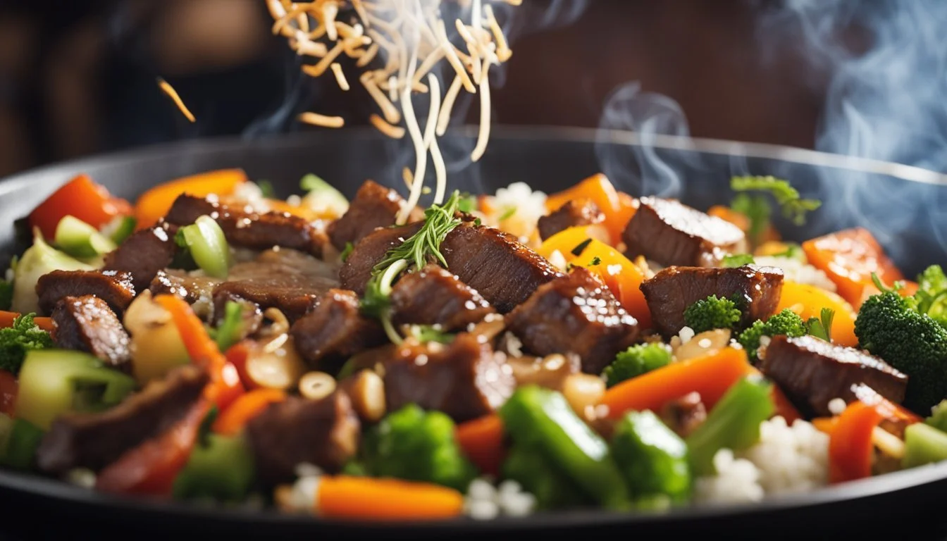 A sizzling wok tosses chunks of tender brisket, mixed with colorful vegetables and fluffy rice, creating a mouthwatering aroma of savory and smoky flavors