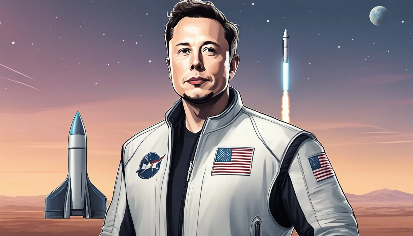 Elon Musk stands next to a sleek rocket, looking confidently into the distance