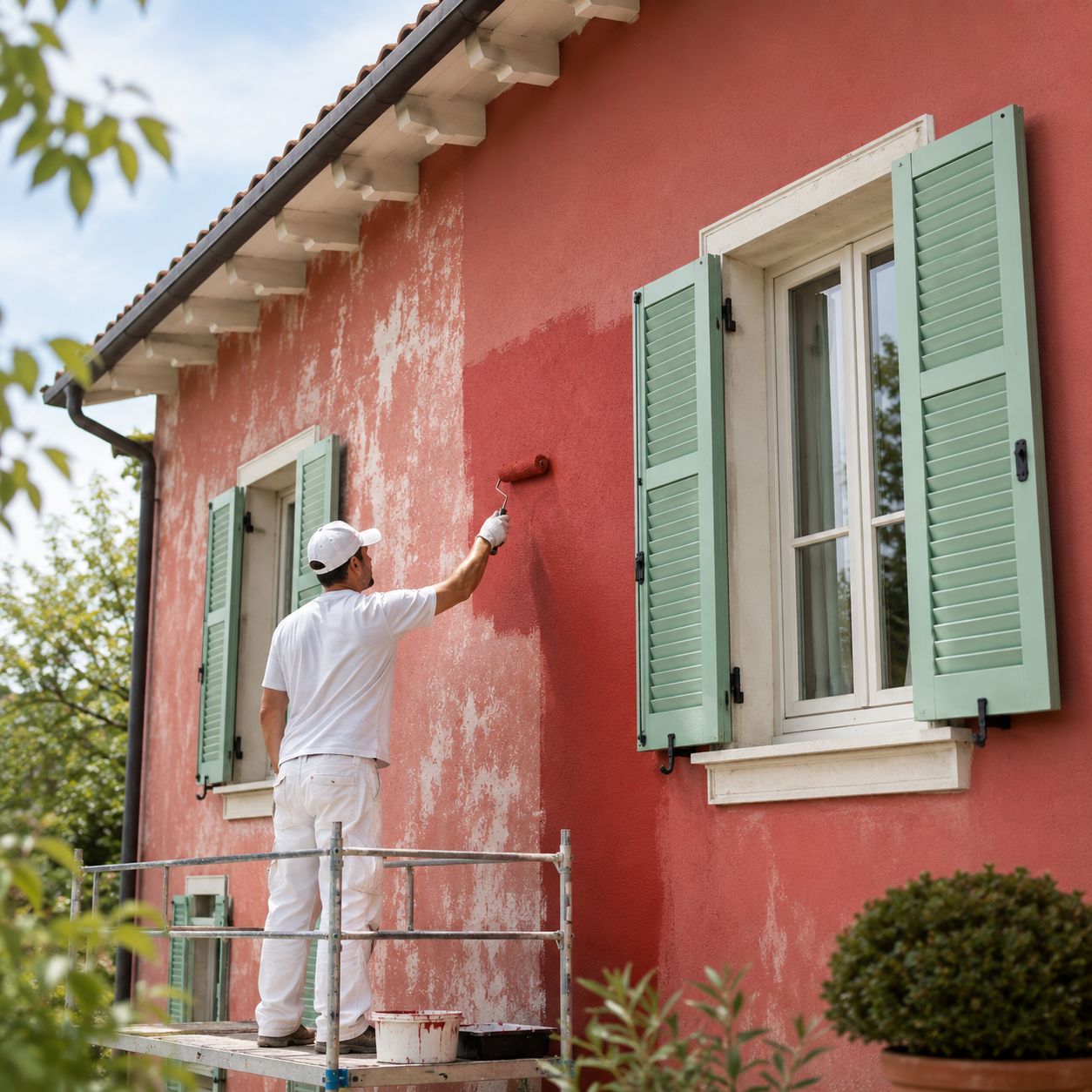 Una persona sta pitturando la parete di una casa con un rullo da pittura. La casa ha pareti rosse e finestre con persiane verdi.