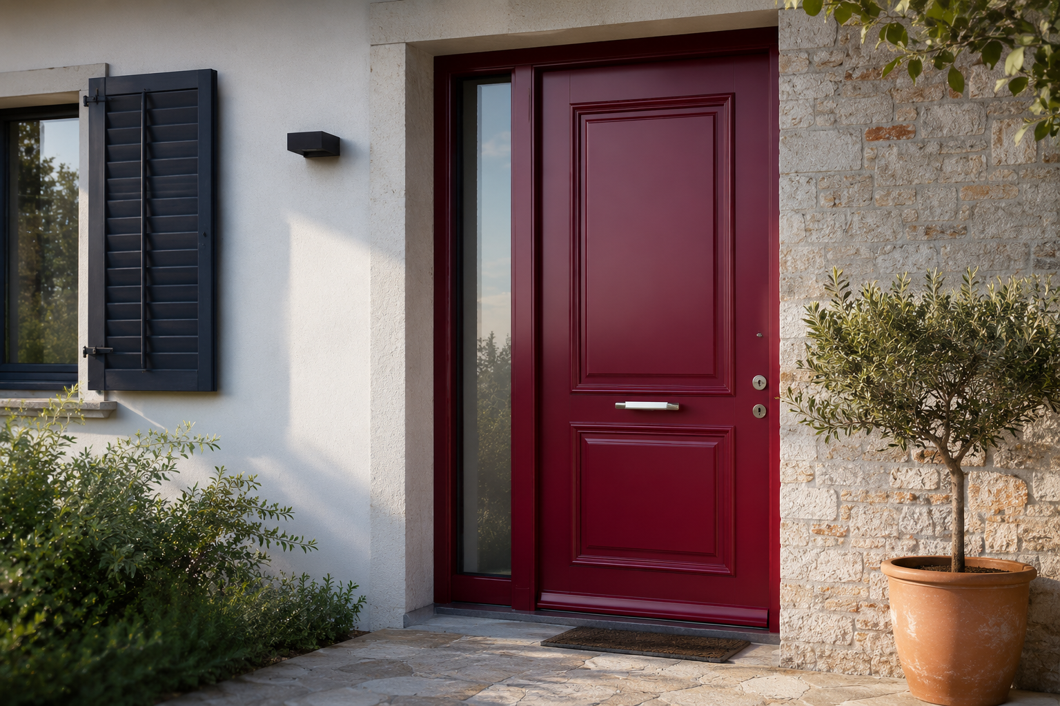 Ingresso di una casa con porta verniciata di rosso