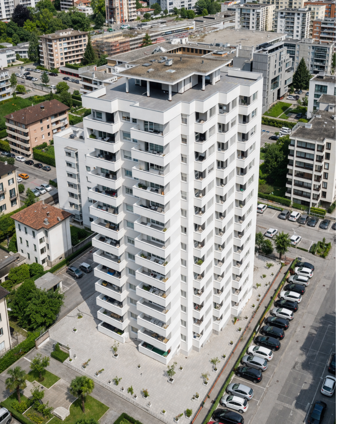Un grattacielo bianco con numerosi balconi in un'area urbana, circondato da altri edifici residenziali e parcheggi.