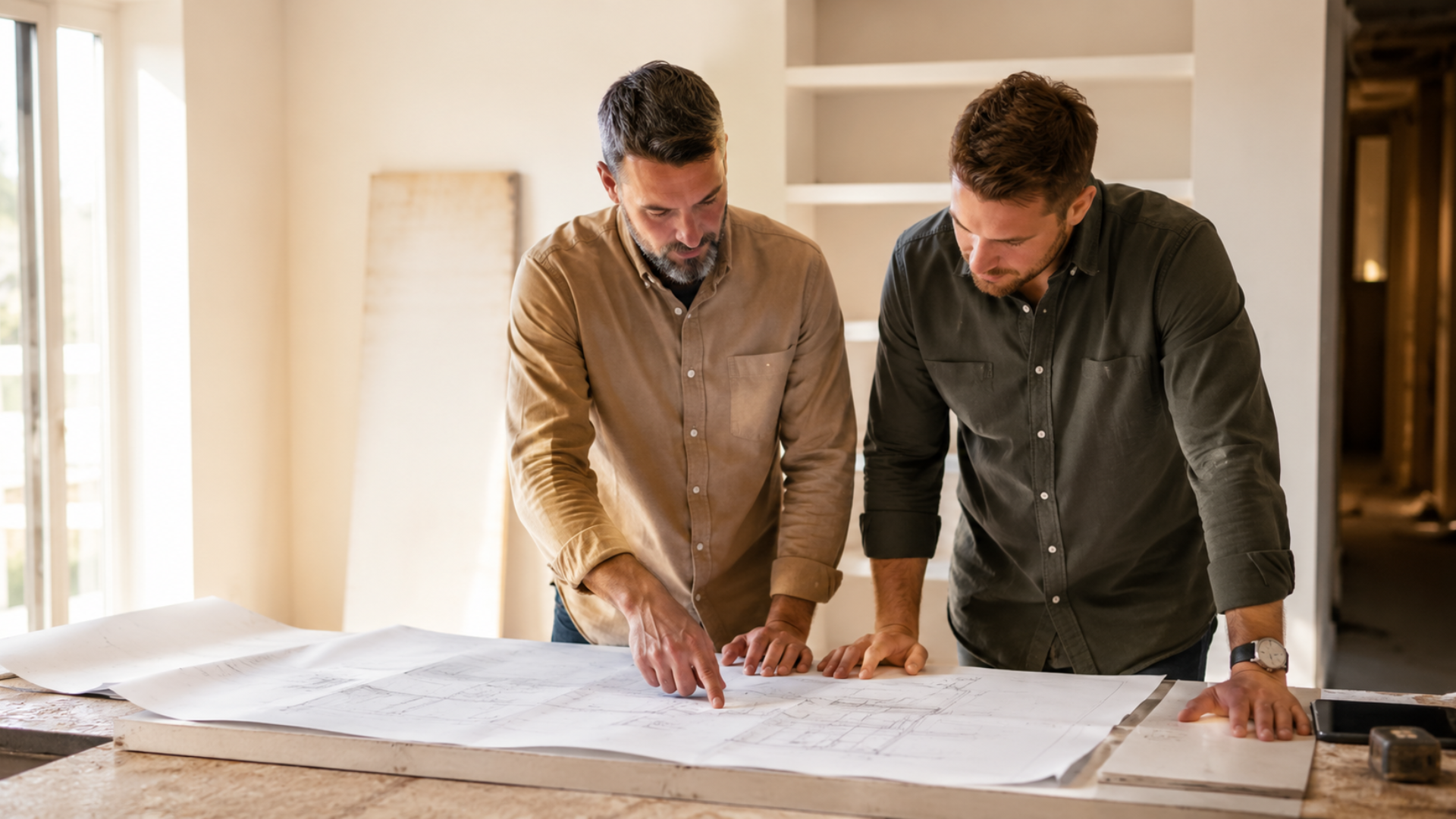 Due uomini stanno esaminando progetti o piani su una grande tavola di lavoro in un ambiente di design o costruzione.