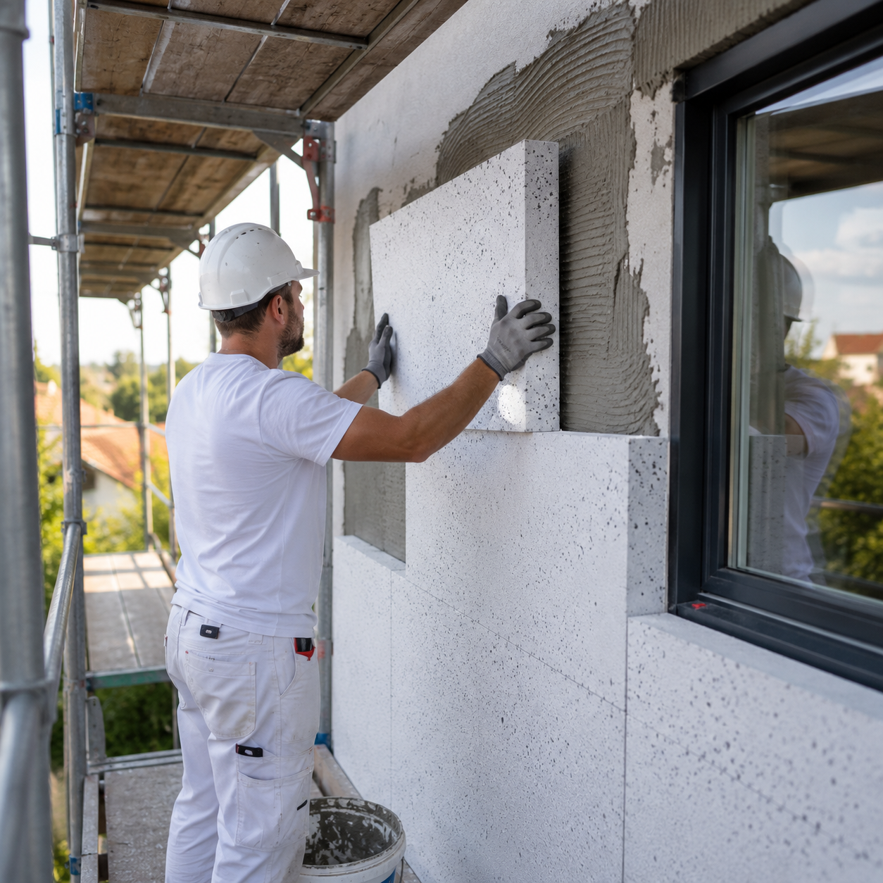 Un operaio con casco bianco e guanti posiziona una piastra di isolamento sul muro di una costruzione in fase di ristrutturazione.