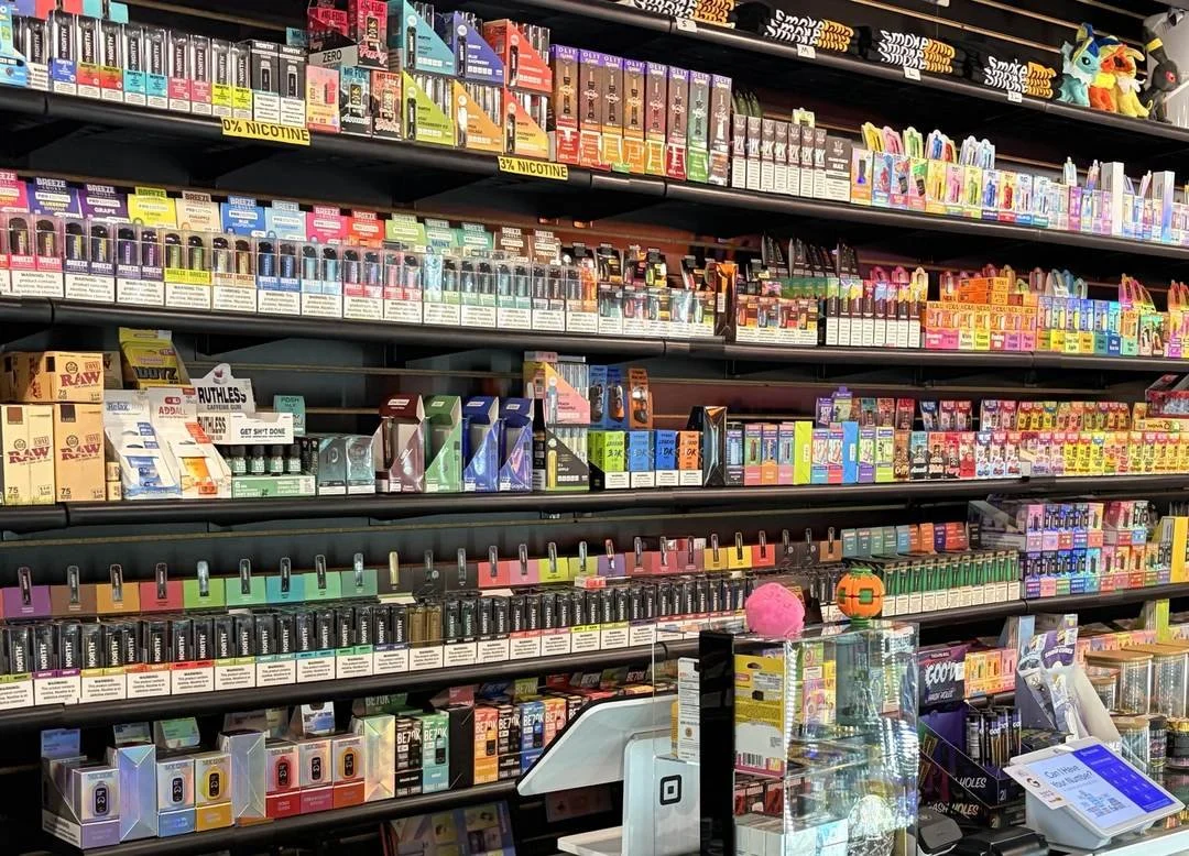 Shelves of disposable vapes at Smoke Hub vape shop in Tinley Park