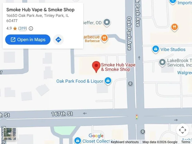 Map showing Smoke Hub at 16650 Oak Park Ave, Tinley Park