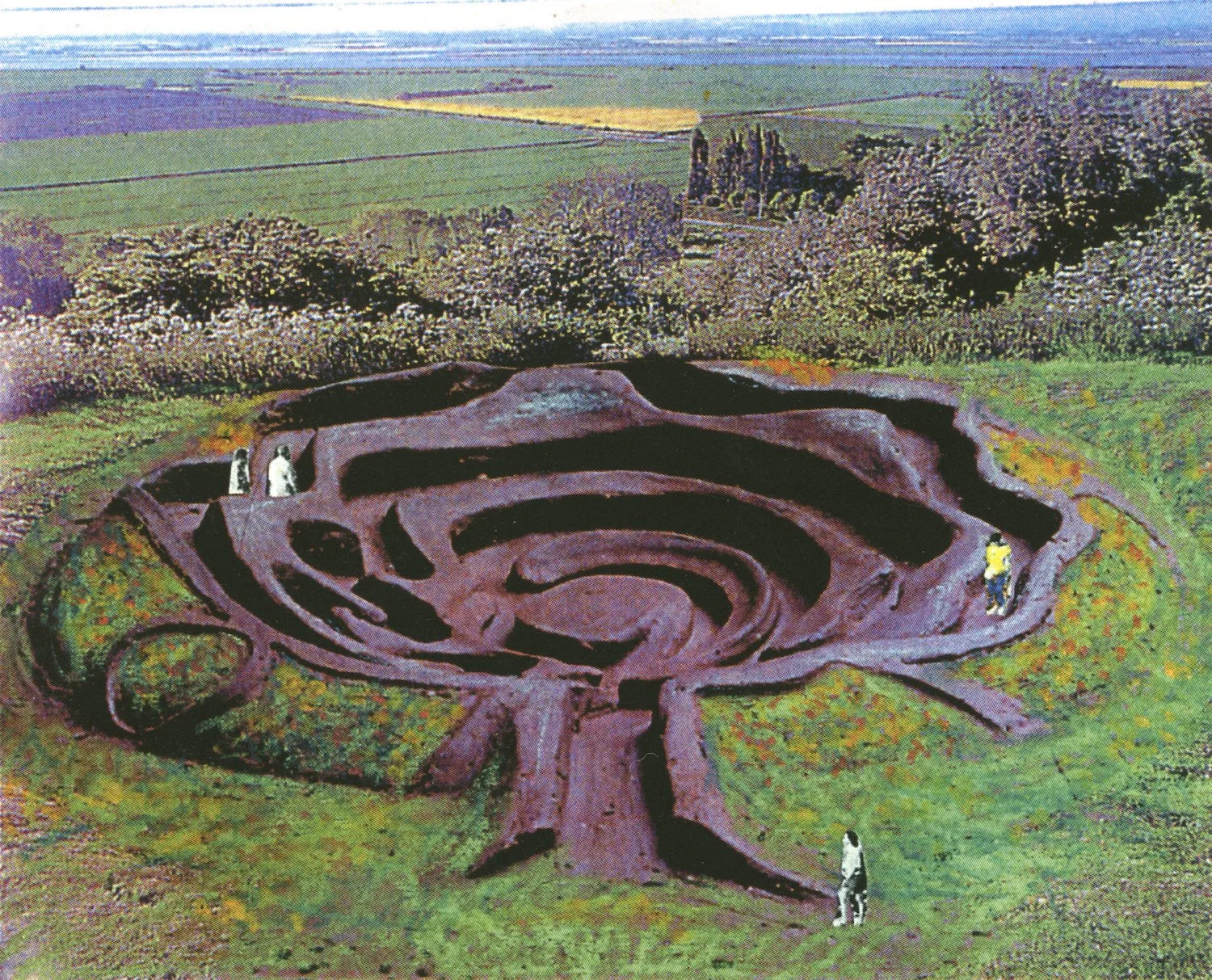 Concept collage visualizing a large-scale earthwork with winding pathways, presented to Echigo-Tsumari around 2001.／2001年頃、越後妻有に向けて提示した、曲線状の通路をもつ大規模なアースワーク構想のコラージュ・ビジュアル。