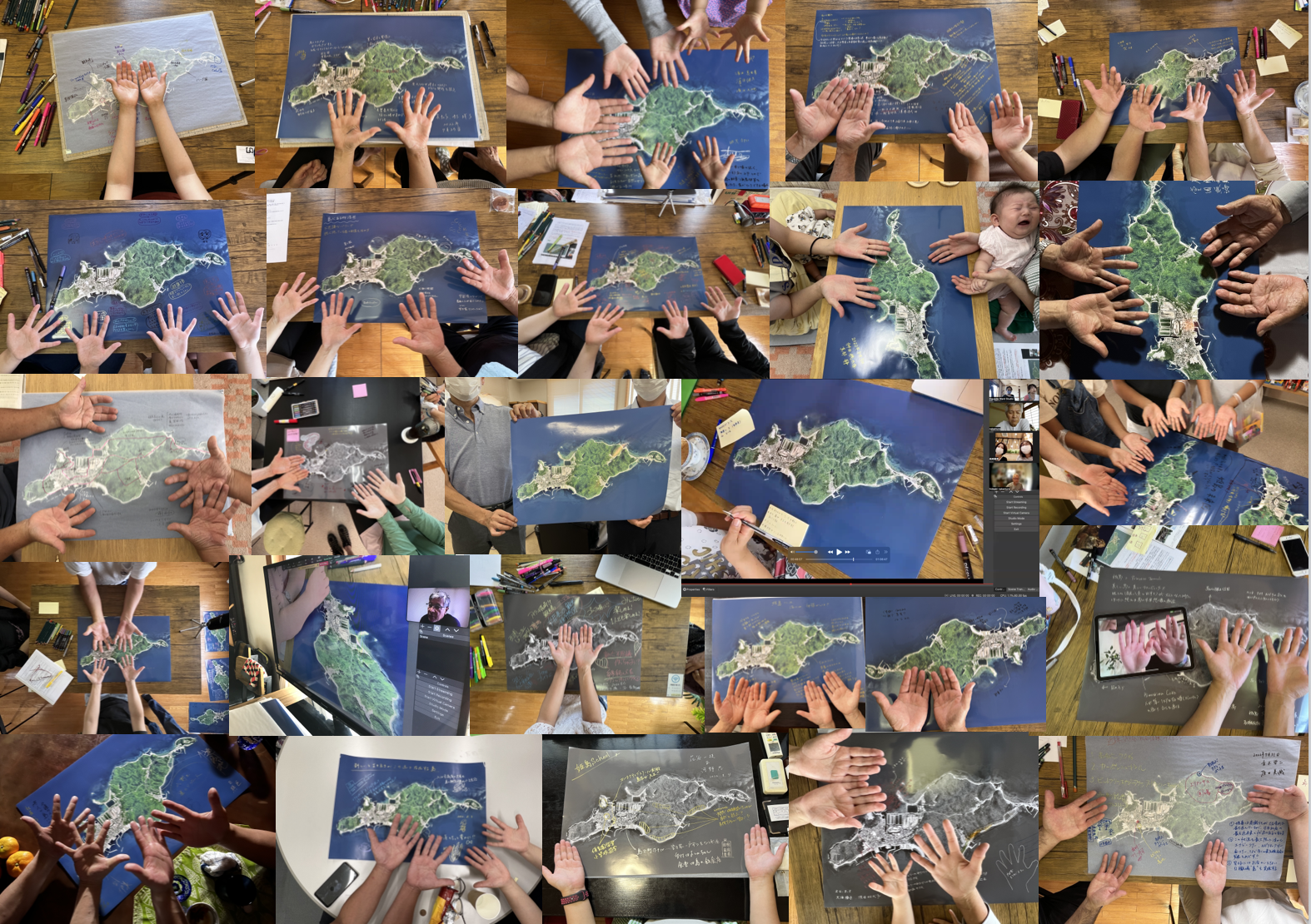 A collage of participants’ hands gathered around individually annotated maps of Himeshima created during The Island Atlas project. / 《島のアトラス》で制作された姫島の地図を囲む、さまざまな参加者の手を集めた記録。