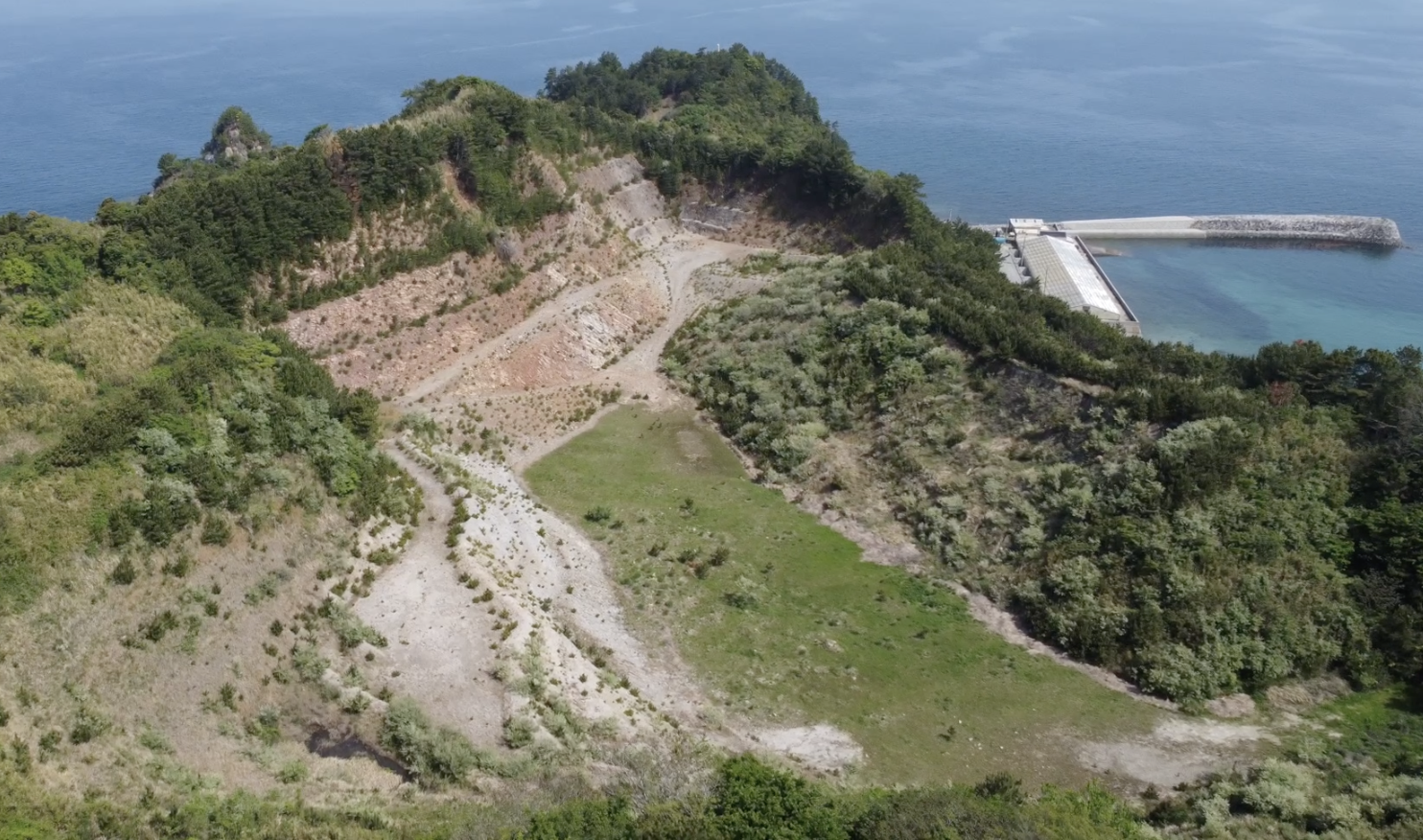 Aerial photograph of the Shiroyama quarry site on Himeshima Island, showing exposed terraced rock, vegetation, the open quarry floor, and the sea beyond. 姫島の城山採石場跡地を空撮した写真。露出した段状の岩肌、植生、開けた採石場跡、奥に広がる海が見える。