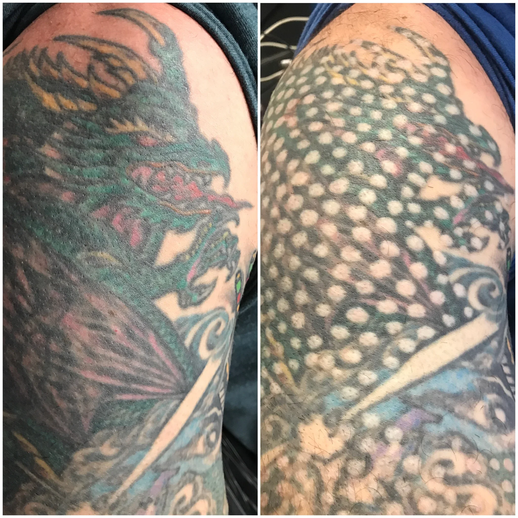 Close-up of colorful tattoos on a person's arm, featuring a dragon's head on the left and a pattern of dots and swirls on the right.