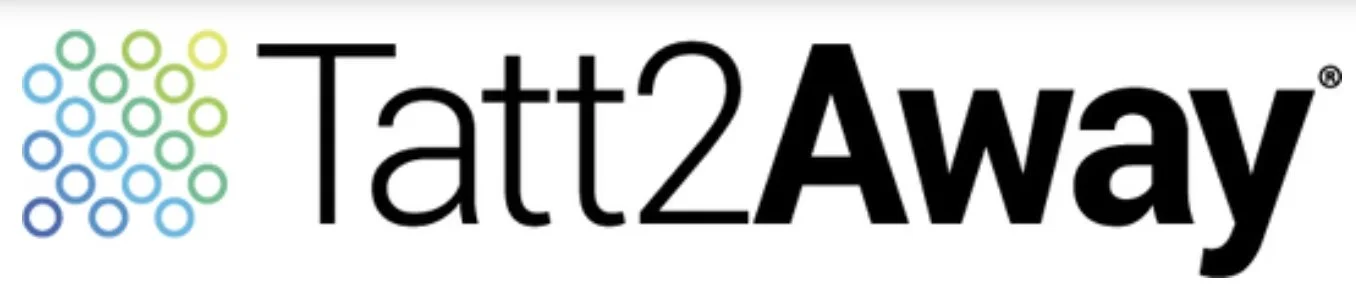 Logo for Tatt2Away with circular design of green and blue dots on the left and the words Tatt2Away in black text