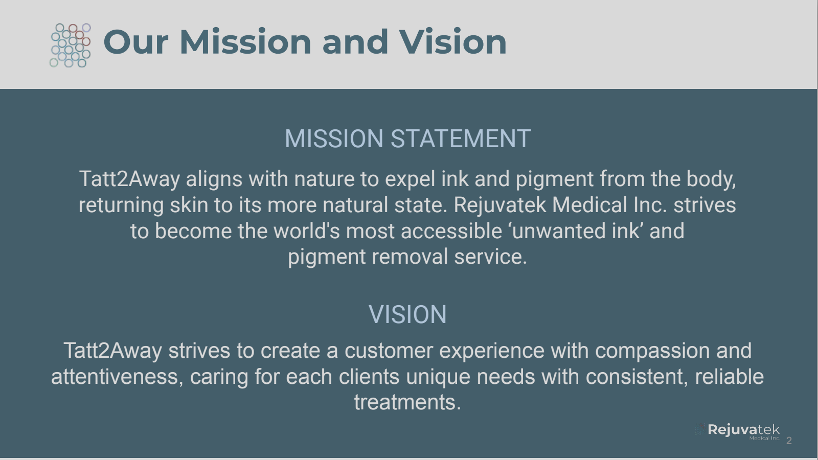 Slide titled "Our Mission and Vision" with a colorful circle logo on the upper left. The slide contains a mission statement about Tatt2Away and Rejuvenek Medical Inc., explaining their goal to align with nature to remove unwanted ink and pigment from