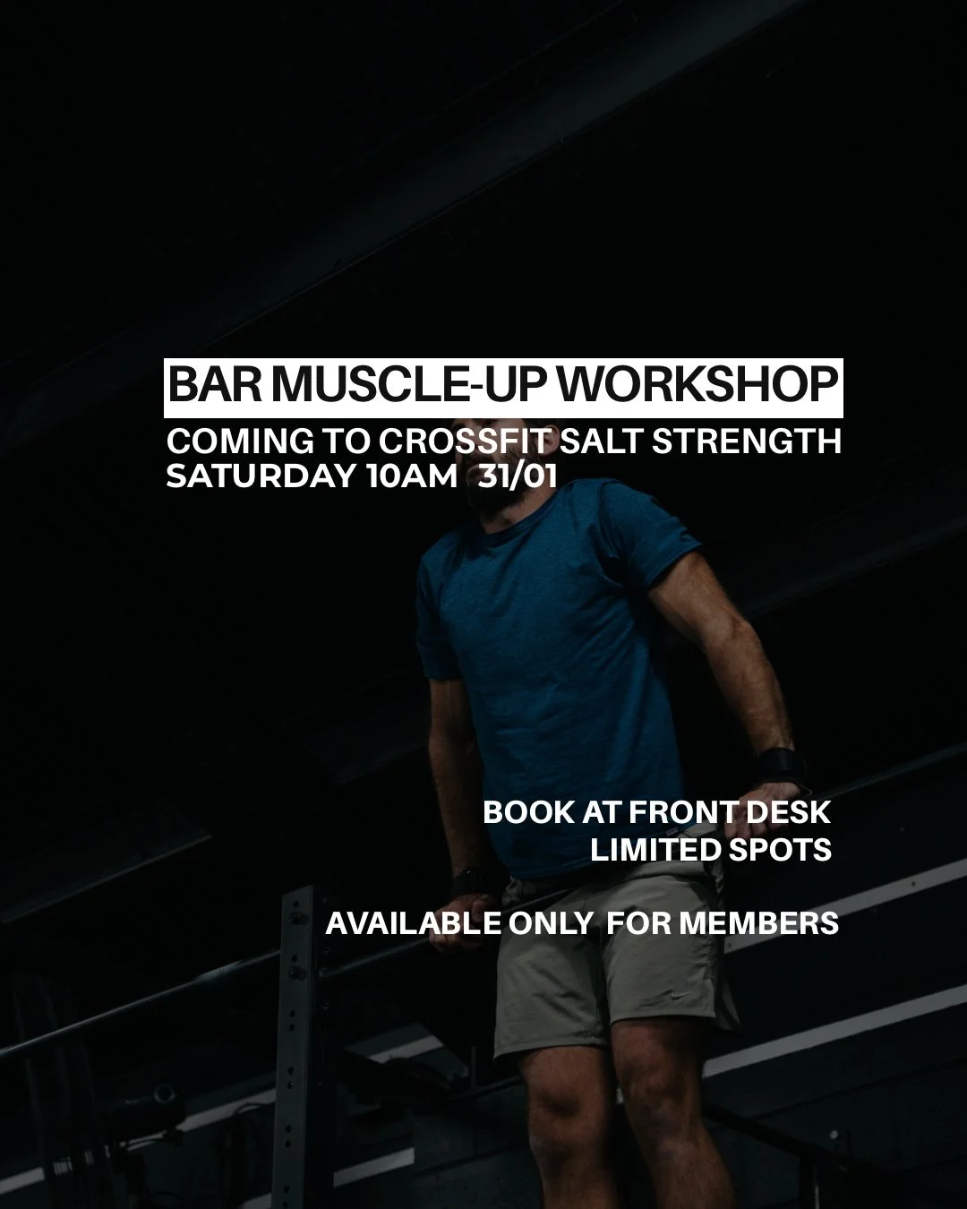 Bar Muscle-Up Workshop 💪🏻

This workshop will focus on building an efficient and repeatable bar muscle-up by breaking down the key components of the movement:

&bull; Kip swing and bar path
&bull; Hips, bar height and timing
&bull; The turnover &md