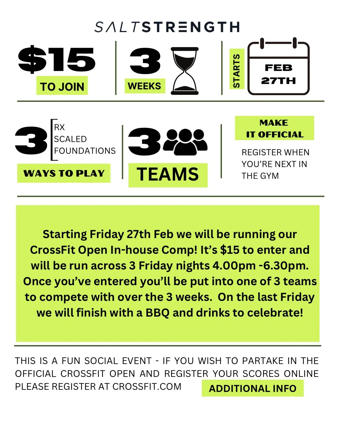 Our CrossFit Open in-house comp kicks off next Friday 🎉

✔️ 3 Friday nights
✔️ RX, Scaled &amp; Foundations
✔️ Teams, support &amp; good vibes 🤝
✔️ BBQ + drinks to finish 🍔🥤

It&rsquo;s just $15 to enter and all about showing up, having a go, and