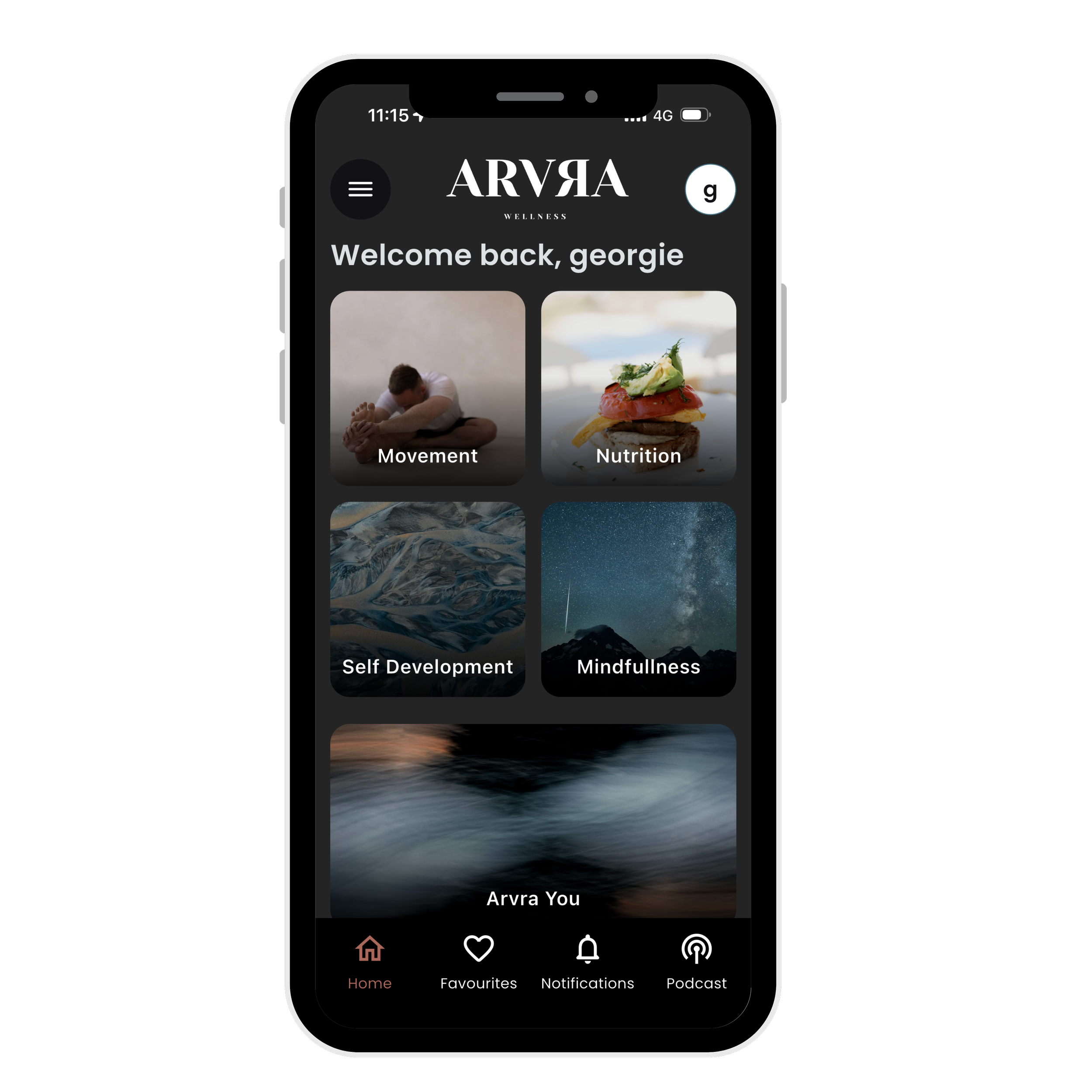 A smartphone displaying the ARVRA wellness app homepage with options for Movement, Nutrition, Self Development, Mindfulness, and Arvra You. The footer menu includes Home, Favourites, Notifications, and Podcast icons.