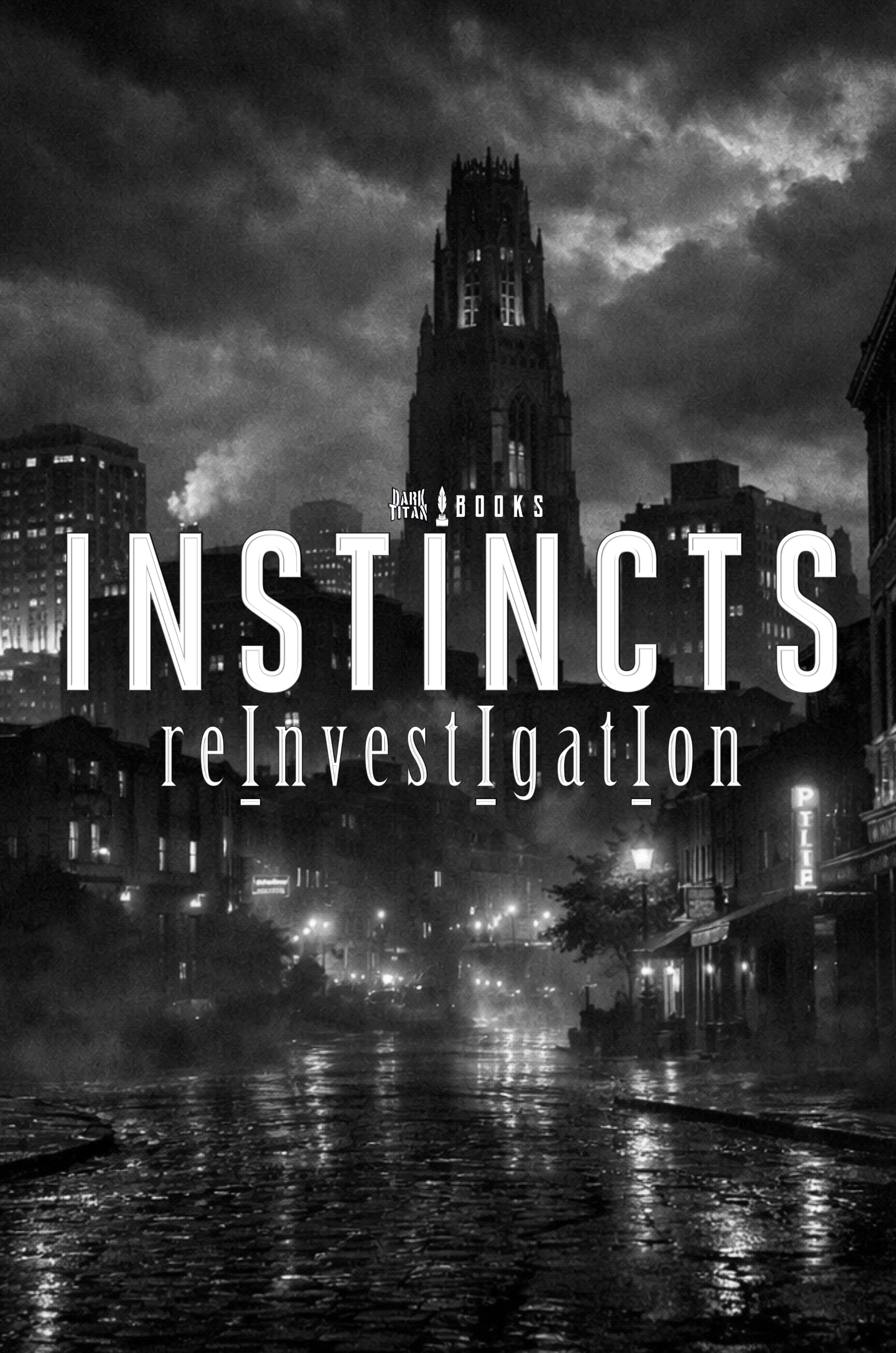 Book cover titled 'Instincts Reinvestigation' with a dark cityscape featuring a tall, gothic-style tower under stormy skies in black and white.