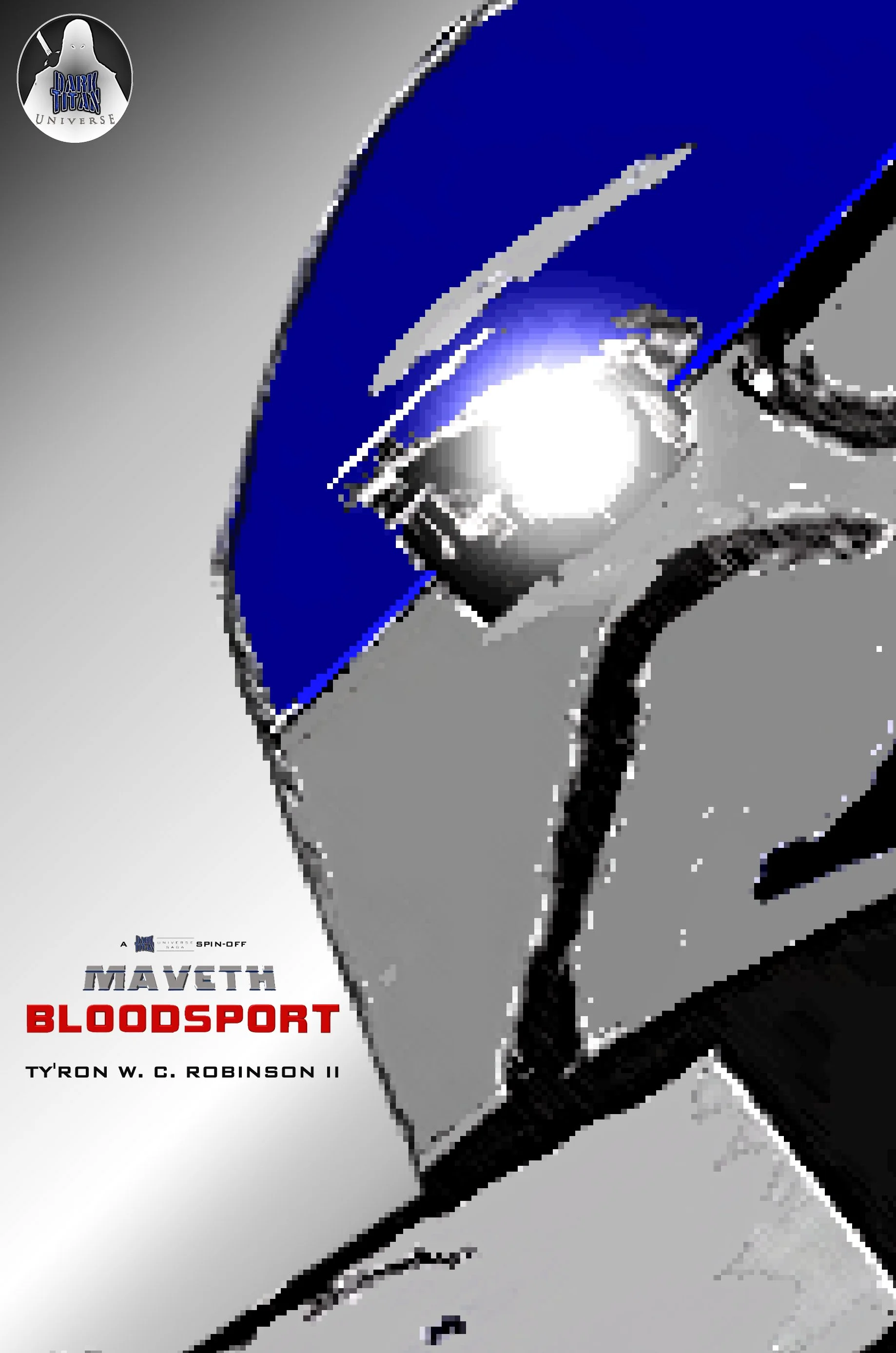 Close-up of a futuristic motorcycle with a blue and silver design, featuring a shiny headlight, part of the front wheel, and stylized text on the side.