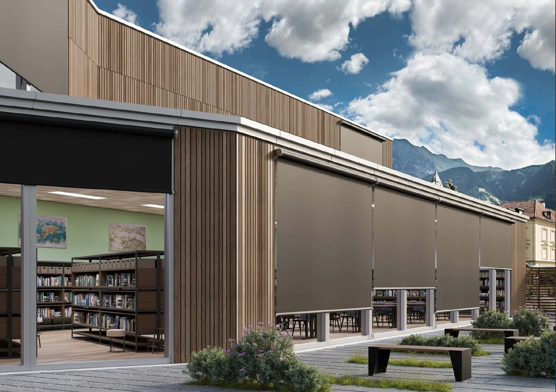 Moderne terrasse med solseng og skyggeløsning ved siden av et vindu med utsikt mot trær.