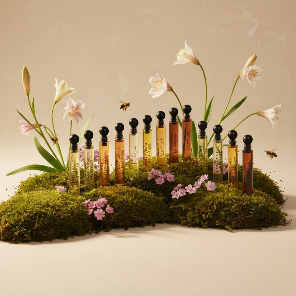 Verschiedene ätherische Öle in kleinen Flaschen, umgeben von Blumen und Moos, mit fliegenden Bienen.