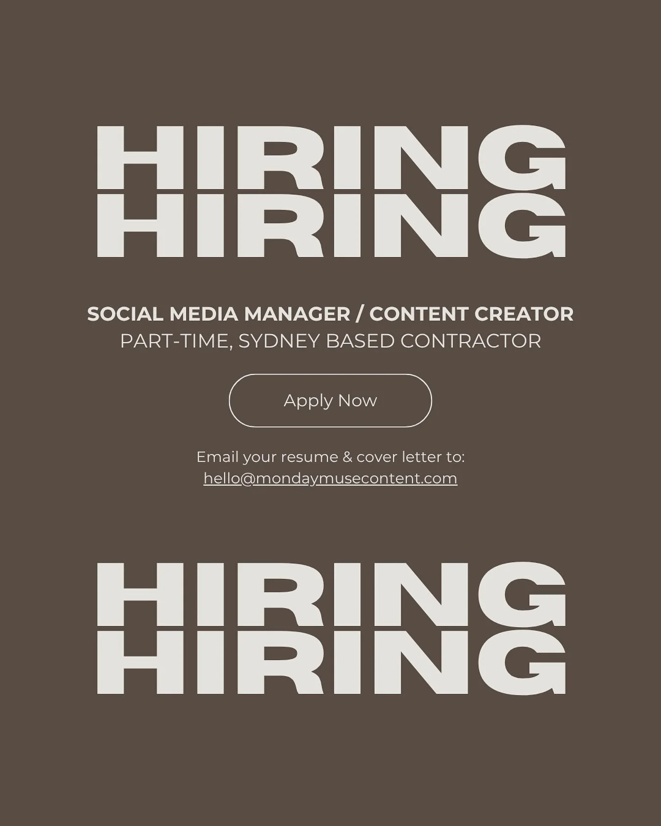 WE ARE HIRING // 

Looking for your next role as a social media manager/content creator? You&rsquo;ve found it ✨

We are looking for a creative contractor for a part time position (must be Sydney based). Visit our story highlight for more info.

To a