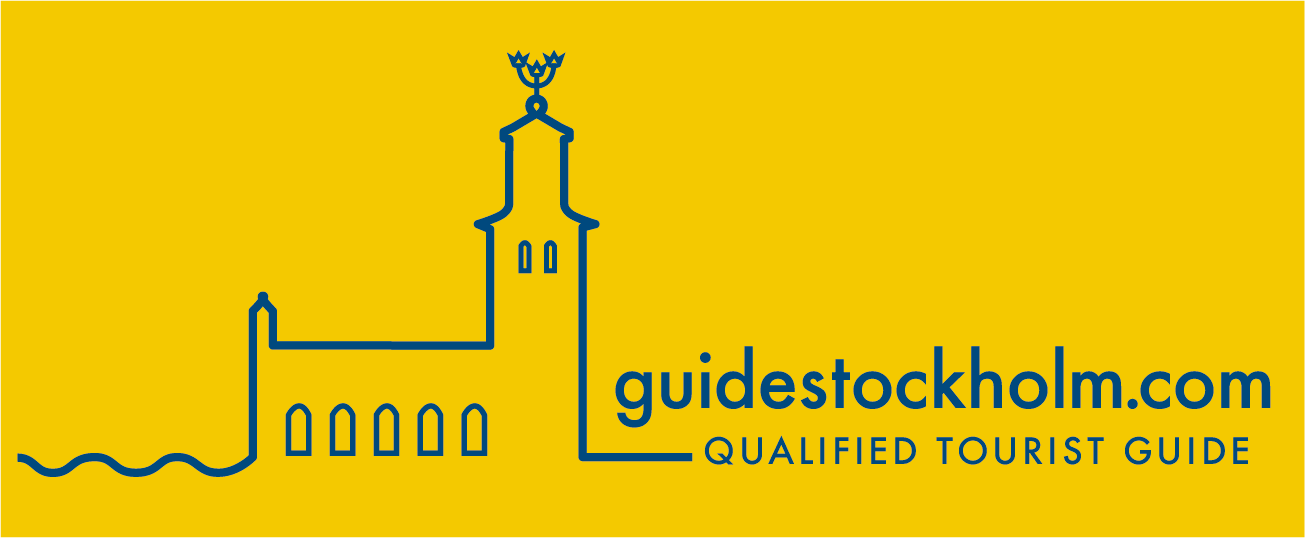 Logo for guidestockholm.com featuring a blue line drawing of Stockholm City Hall on a yellow background, with the text 'guidestockholm.com' and 'QUALIFIED TOURIST GUIDE'.