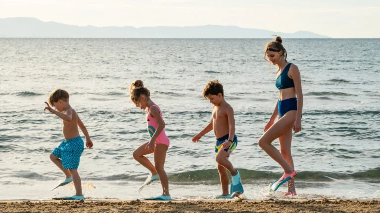 woman and kids walking across beach