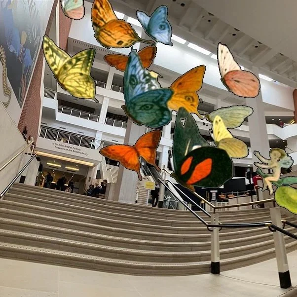 Fairy tale exhibition display with illustrated butterflies and magical creatures inside a museum gallery space, family-friendly cultural experience