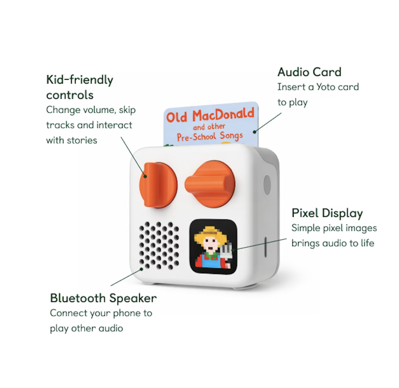 Yoto Player portable kids audio player with interactive controls, pixel display and story card inserted for travel entertainment