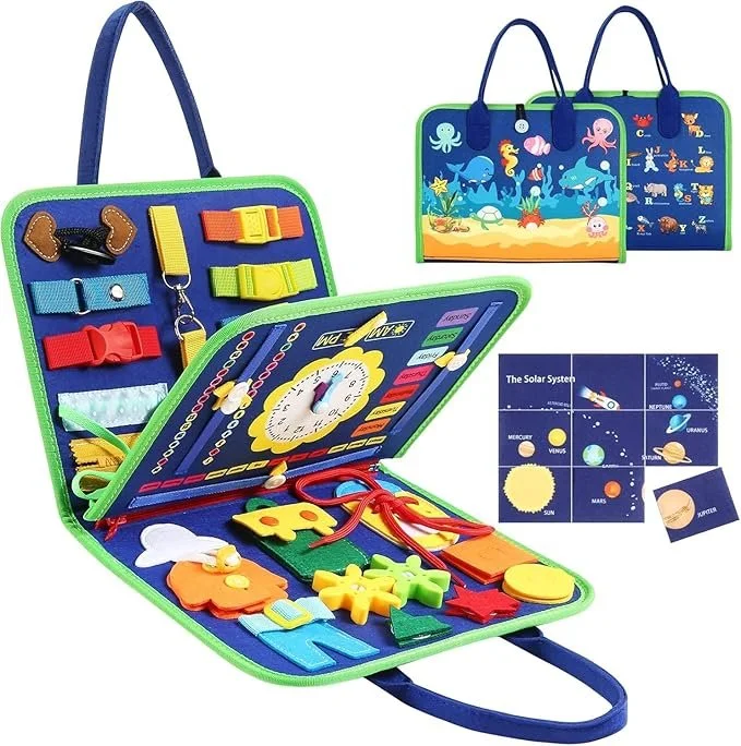 Toddler busy board sensory activity bag with buckles, zips, clock, lacing and solar system puzzle cards, portable Montessori learning toy for travel