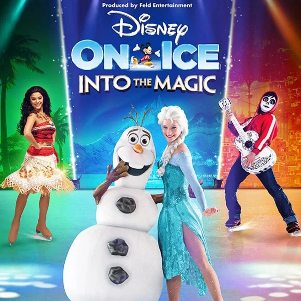 Promotional image for Disney On Ice: Into the Magic featuring Elsa and Olaf from Frozen skating on ice, alongside Moana and Miguel from Coco, in a colourful live ice skating show for families and children.
