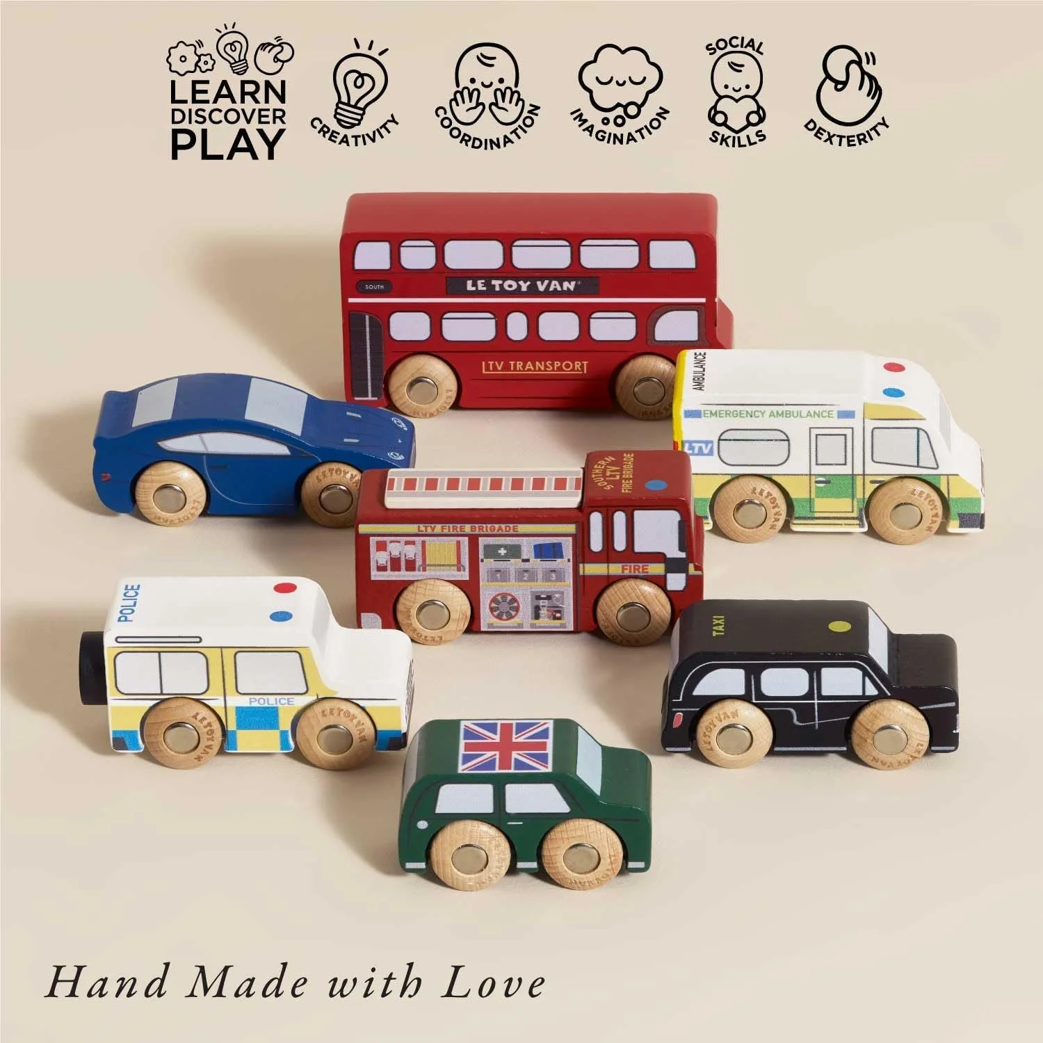 Le Toy Van wooden London vehicle set featuring red double decker bus, black taxi cab, police car, fire engine and ambulance, handmade with love