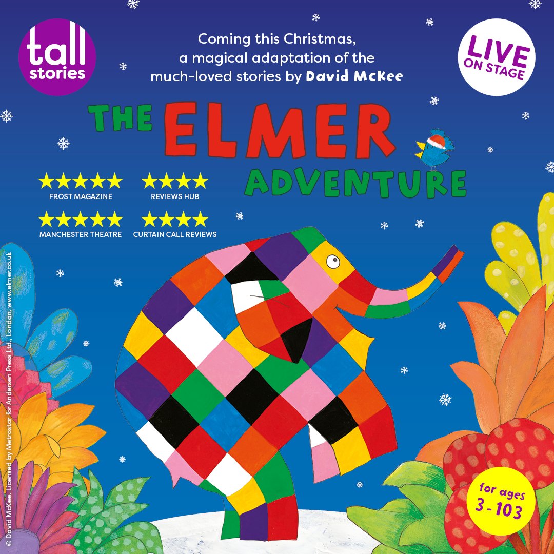 Promotional artwork for The Elmer Adventure, featuring Elmer the patchwork elephant walking through a colourful jungle with snowflakes falling.