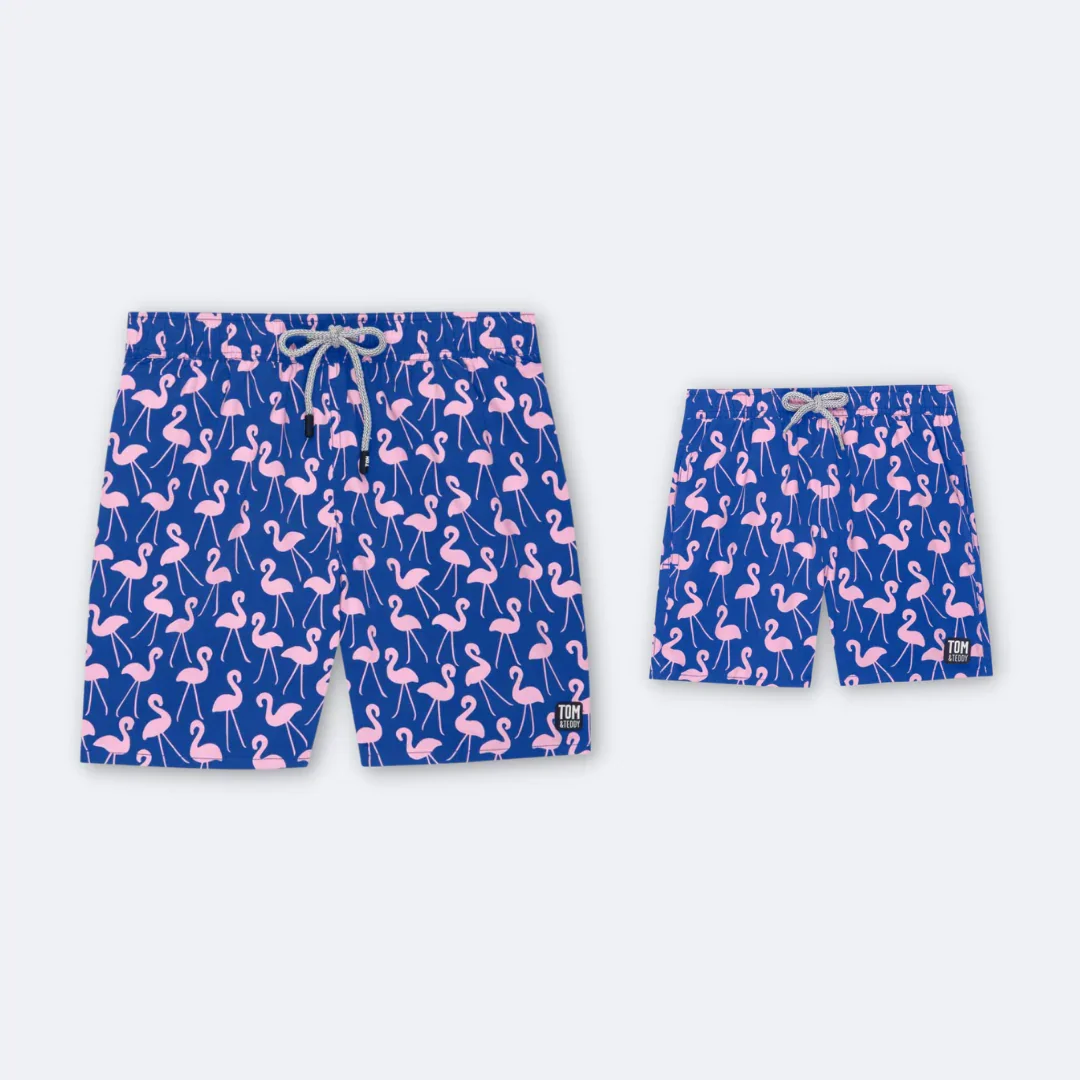 Matching father and son flamingo swim shorts by Tom & Teddy