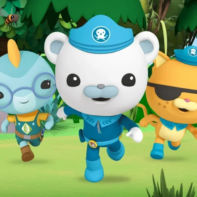 The Octonauts characters Captain Barnacles, Kwazii and Tweak explore a vibrant forest environment filled with plants, trees and wildlife in a colourful animated scene from the Kew Gardens Octonauts adventure experience for families and children.