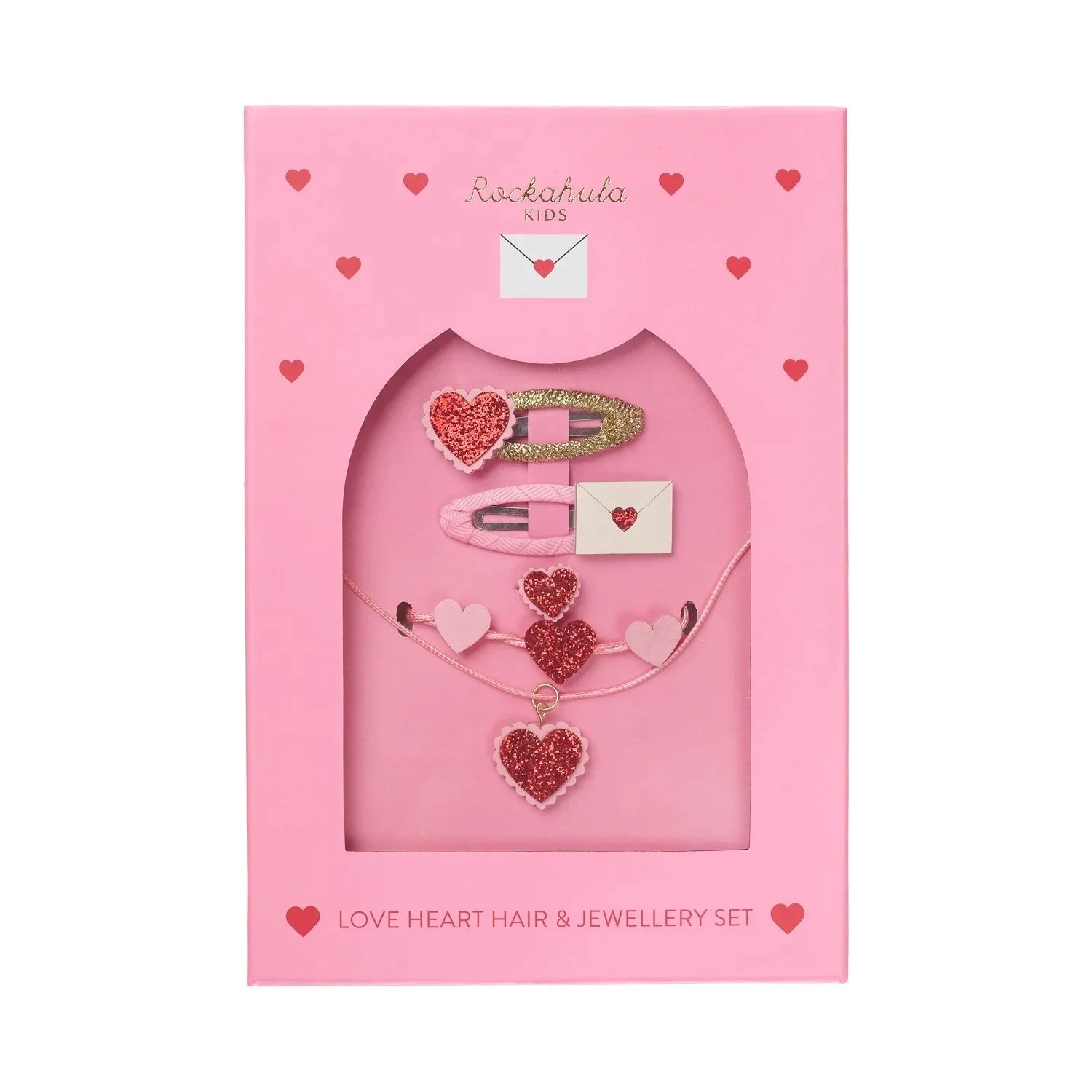 Rockahula Kids Love Heart hair and jewellery set in pink gift box, featuring heart hair clips and a matching heart necklace for children
