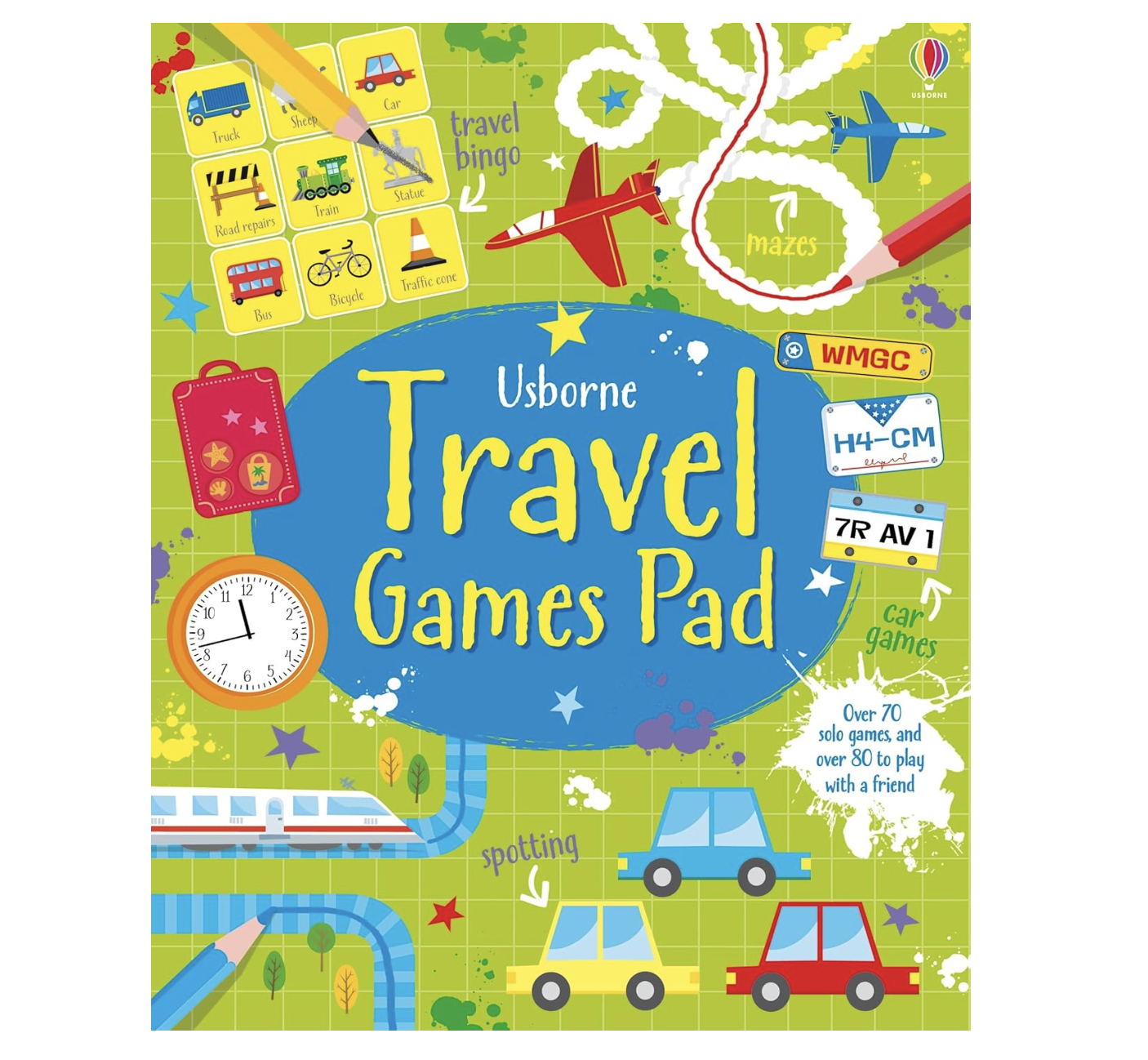 Usborne Travel Games Pad activity book for children featuring travel bingo, mazes, car games and spotting challenges with over 70 solo games and 80 multiplayer games