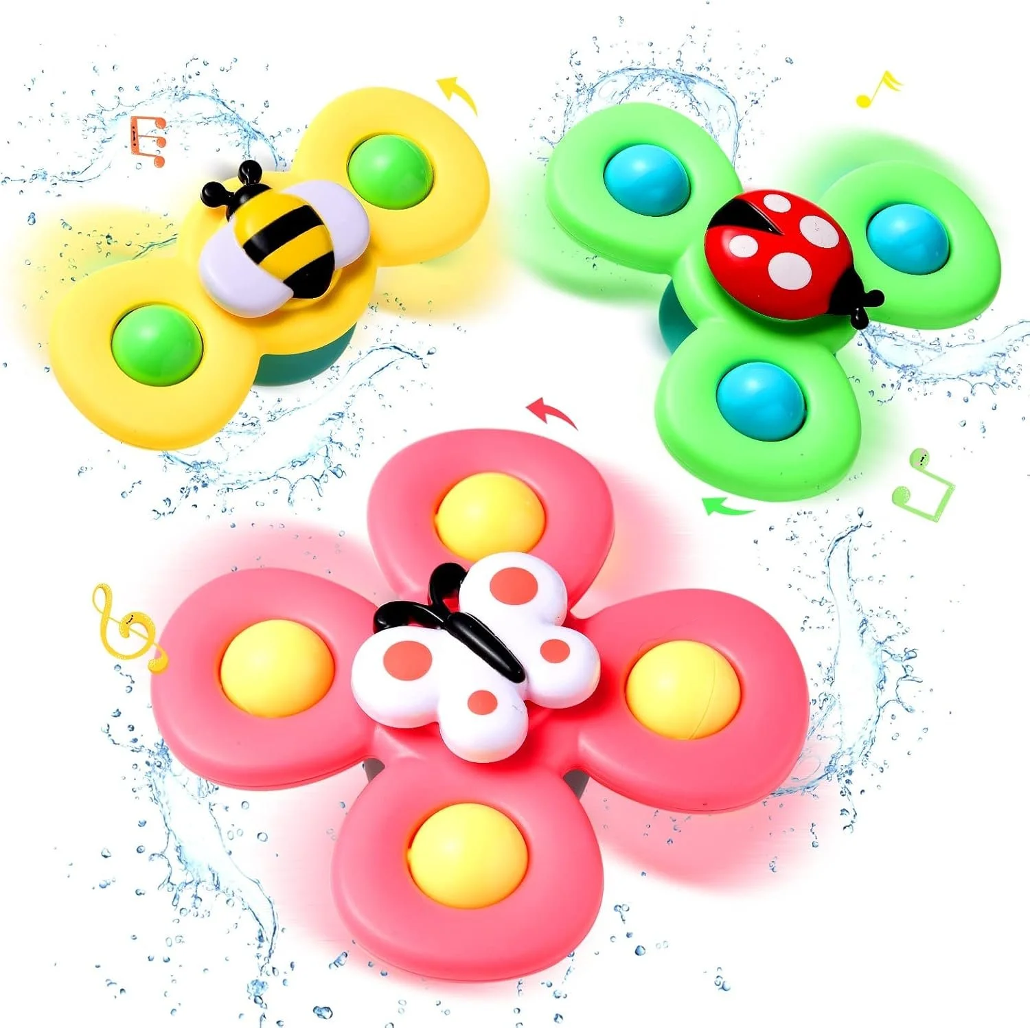 Set of three colourful suction cup spinner toys in bee ladybird and butterfly designs for babies and toddlers, bath time and highchair sensory play