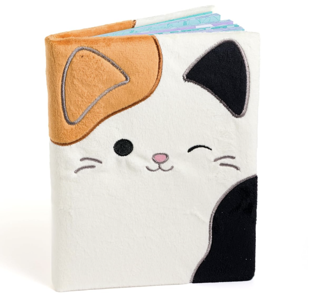 Cute calico cat plush journal notebook with soft furry cover and colourful tabbed pages, perfect gift for kids who love cats